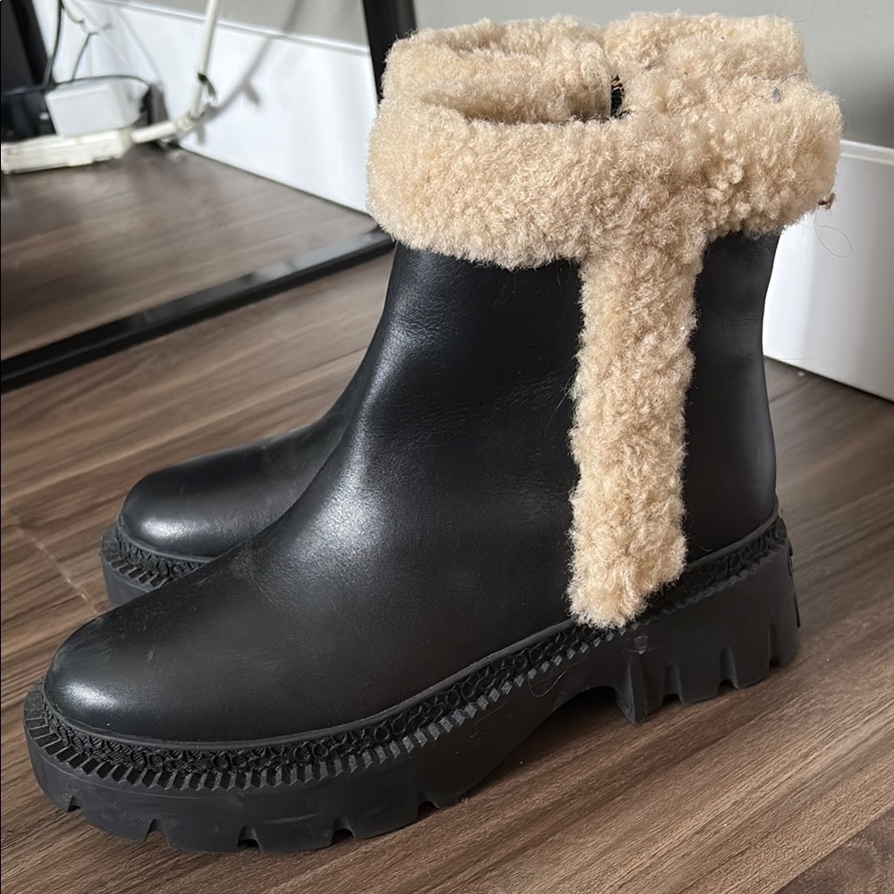 Women's Black Leather Ankle Boots with Cream Shearling Trim